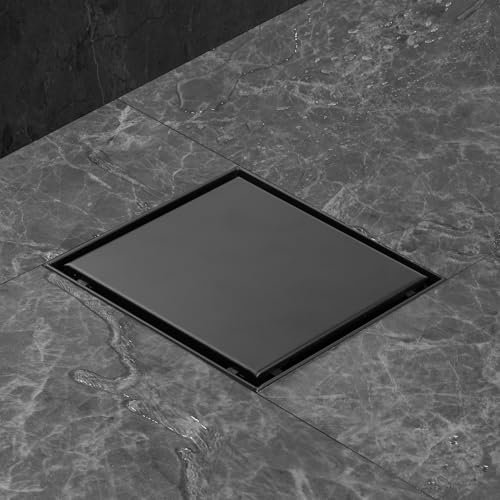 iYueMps Canaleta de Ducha Cuadrada Negro 25 x 25cm,2 en 1 Desagüe de Ducha de Acero Inoxidable con Antiolores y Filtro de Pelo, Desague Ducha Cuadrada
