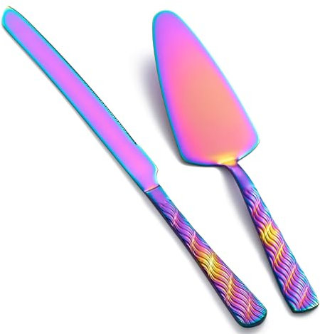 FULLYWARE Set per Tagliare Torte Arcobaleno, Set di Coltello e Server in Acciaio Inossidabile, Set di Taglio per Torte e Dolci per Matrimonio, Compleanno, Festa