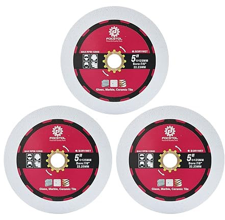 FOCSTOL Diamant Glas Trennscheibe 125mm - Diamant Sägeblatt Schneiden und Schleifen für Glas Jade Kristall Weinflasche mit Bohrung 22,23mm x 15,875mm Packung mit 3