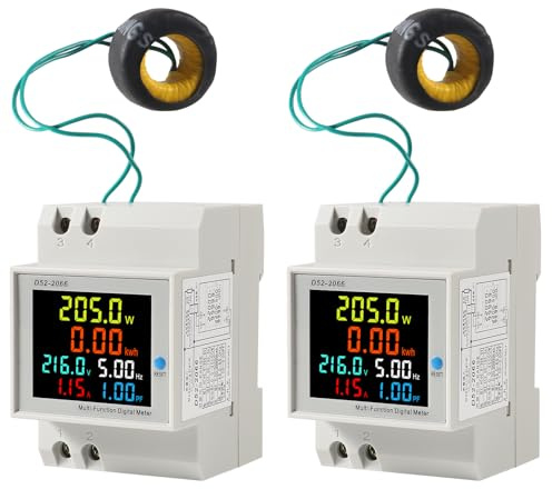 DWEII 2Pack Single Phase Energy Meter Din Rail Electricity Usage Monitor AC 40-300V 100A Voltmeter Ammeter Watt Kwh Frequency Power Meter External CT 110V