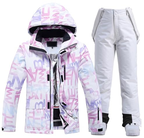 ALSOGO Ensemble veste de ski et pantalon de ski pour femme - Combinaison de ski 2 pièces - Colonne d'eau 10 000 mm - Veste de neige respirante - Bretelles - Pantalon de neige coupe-vent avec capuche