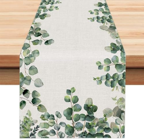 Eukalyptus Frühling Tischläufer Grünes Blatt Tischlaufer Sommer Küche Waschbar Esstisch Dekoration Tischdecke für Drinnen und Draußen Urlaub Party Wohnzimmer Dekor 40x180cm