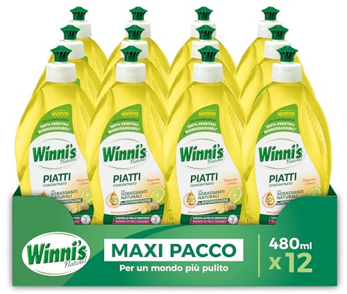 Winni's - Detersivo Piatti e Stoviglie a Mano, Bergamotto e Zenzero, Concentrato, Ipoallergenico, con Sgrassanti Naturali da Biofermentazione, Materie Prime di Origine Vegetale, 480 ml x 12 Confezioni