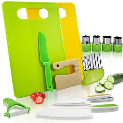 CNMTCCO Set di coltelli da cucina per bambini, 13 pezzi, per imparare a tagliare e cucinare verdure o frutta, incluso pelapatate, coltello di sicurezza a partire dai 2 anni, set regalo per bambini