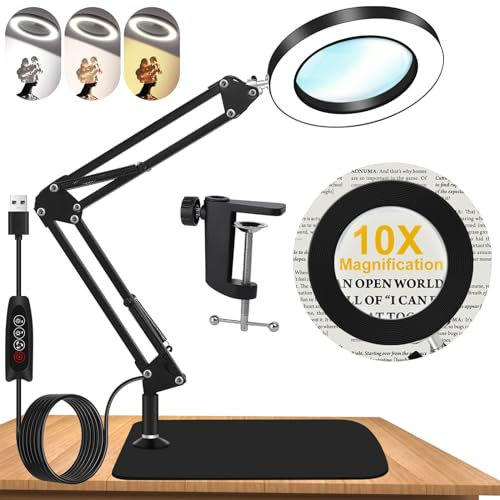 Kevsuvqin Lampada con Lente di Ingrandimento Professionale, 10x Lente di Ingrandimento con Luce, Lampada LEnte INgrandimento con Base Extra Larga e Clip in Metallo, 3 Modalità Colore, 10 di Luminosità