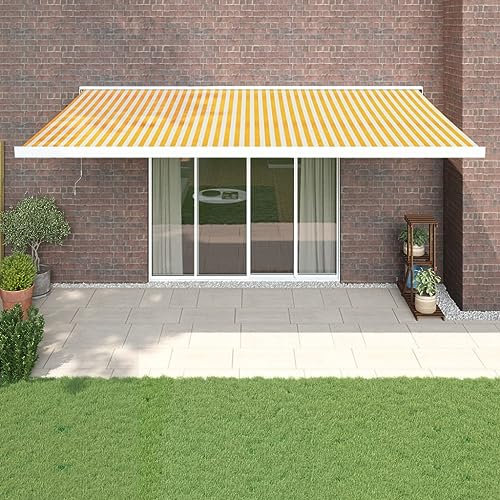 ARKEM Tenda Sole Retrattile Gialla e Bianca 5x3 m Tessuto e Alluminio,Tenda da Sole per Esterno Avvolgibile, Tenda da Sole a Bracci Estensibili con Telaio in Alluminio, Tettuccio Resistente al Sole e