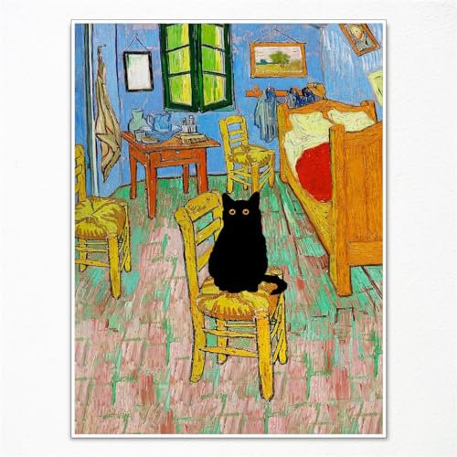 GAINOW Retro Vincent Van Gogh Leinwand Wandkunst, berühmte Drucke, Gemälde Schlafzimmer in Arles, lustige schwarze Katze Poster, Wanddekoration für Schlafzimmer 30x40cm ungerahmt