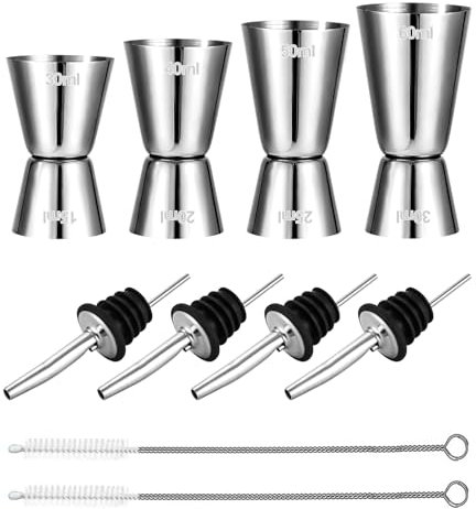 4 Pezzi Misurino Cocktail in Acciaio Inox, Dosatore Cocktail Misure Doppio 15/30 ml 20/40 ml 25/50 ml 30/60 ml, con 4 Tappo Versatore e 2 Spazzola di Pulizia per Bar, Vino, Bevande Barista