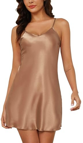 Marvmys Women's Satin Nightgown Sexy Lingerie Silk Slip Dress V Neck Chemise Mini Nighty Brown