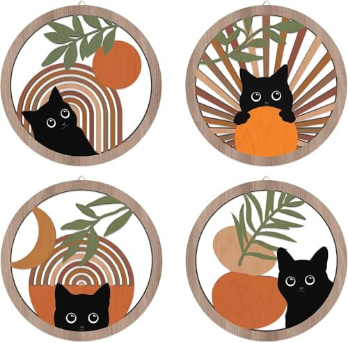 HPNIUB Boho Black Cat Wall Decor, Farmhouse Geometric Hanging Wooden Wall Art, 4 Pieces 10''x10'' Mid Century Bohemian Abstract Moon and Sun Wood Sign for Nursery Bedroom Decoration, Lovely Cat Gifts