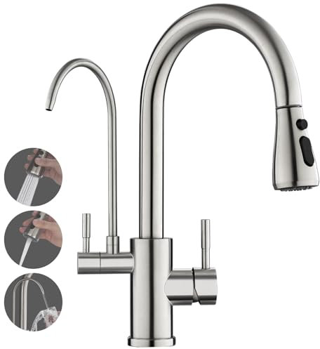 ROVOGO Monobloc Kitchen Sink Mixer Tap with Pull Out Spray, 3 Way Water Filter Tap with 2 Handles for Hot, Cold and Drinking Water, Brushed Stainless Steel Kitchen Faucet 360° Swivel, C-Spout