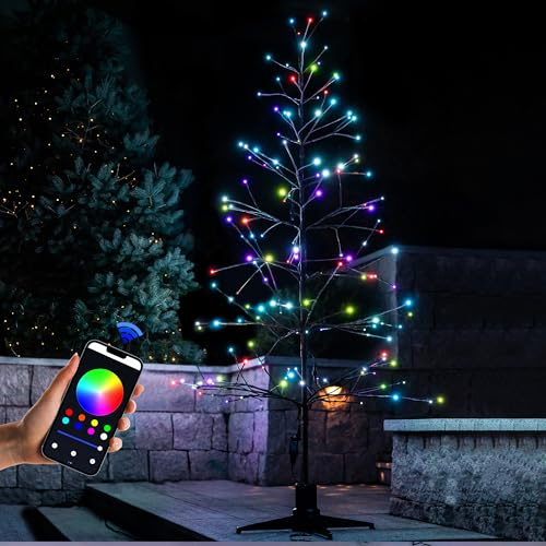 6.5FT LED Pre-Lit Artificial Tree with 153 Lights Warm and RGB, Indoor Outdoor Patio Decor, 360° Rotating Stand Displays, Easy Pop-Up Assembly, Outdoor Lighted Holiday Displays