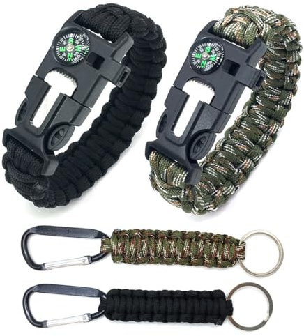 FIMWOLZ 2 Pcs Survival Paracord Bracelet Couple with Fire Starter Whistle Compass Ideal for Camping Bushcraft Emergencies Comes with 2 Rope Keychains