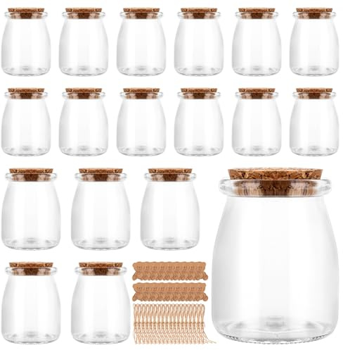 CYEER 18 Pack 200ml Small Glass Jars with Cork Lids and Bear Tags, 7 oz Candle Jars Mason Jars Mini Bottles Pudding, Yogurt Pots Storage for Food, DIY Projects