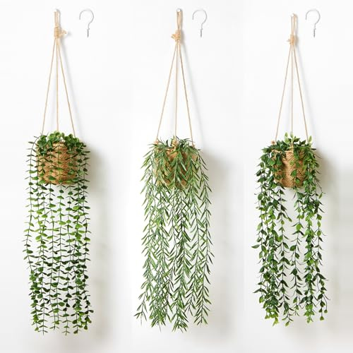 Mokof 3 Pack Artificial Hanging Plants in Boho Handwoven Baskets for Living Room, Bedroom, Bathroom Wall Shelf Decor