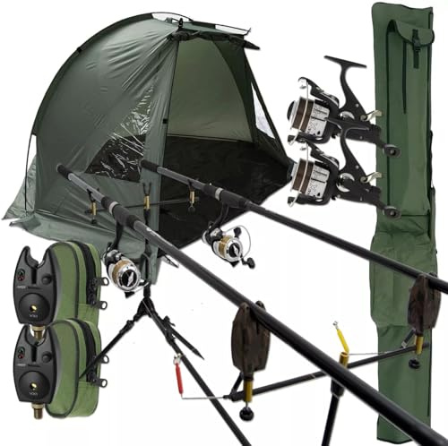 Full Carp Fishing Setup With Bivvy, Detachable Groundsheet, Matching 12ft 2pc Rods, 2BB Runner Reels, Bite Alarms, Rod Pod Stand and Holdall To Store your Tackle (2 Rod and Reel Setup)