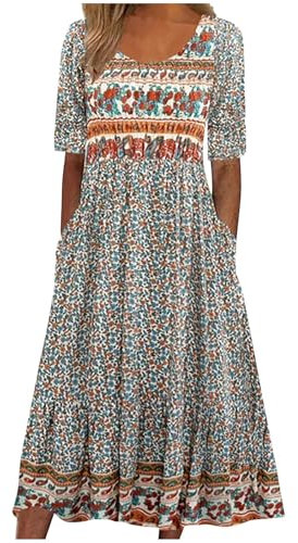 Boho Dresses for Women UK Clearance Italian Short Sleeve Button V Neck Dress with Pocket Ladies Floral Casual Sundress Elegant Swing Midi Dress Loose Pullover Lounge Dresses Beach Holiday Sundress