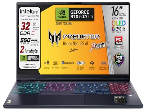 Acer Predator Helios Neo 16s Ai, Notebook Gaming, Intel Ultra 9-275X, 24core, RAM DDR5 32Gb, SSD 2Tb (2 x 1Tb), Display 16 Oled 240Hz, DCI-P3 al 100%, Geforce RTX 5070Ti 12Gb, Win 11, Preconfigurato