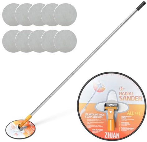 ZHJAN Levigatrice a Asta per Cartongesso, Testa Radiale Rotonda 9 Pollici a 360° con Asta Estensibile, per Pareti e Soffitti, Include 10 Carte Abrasive (80/120/150/180/240)