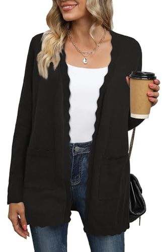 Newshows Cardigans for Women UK Lightweight Long Sleeve V Neck Scalloped Open Front Knit Winter Cardigan with Pocket