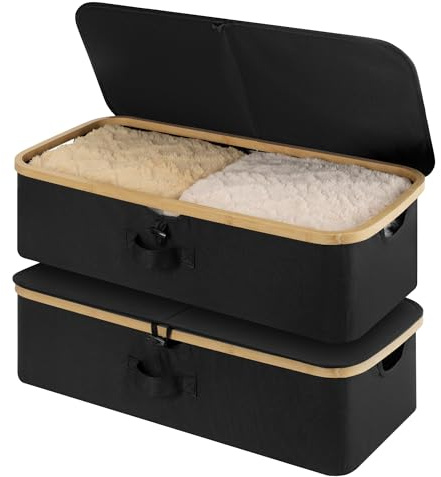 StorageWorks Underbed Storage Containers with Lids, 2-Pack 7 Low Profile Under Bed Storage Box with Bamboo Frame for Clothes, Bedding, Blankets and Shoes, 42L Sturdy Fabric Organizer, Black
