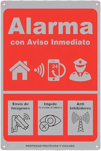 ELECTROMANIA - Señal de Alarma Metálica 14x20 cm – Aviso Inmediato, Protección 24/7, Anti-Inhibidores, Agujeros Preperforados, Disuasoria para Intrusos, Cartel Seguridad Exterior