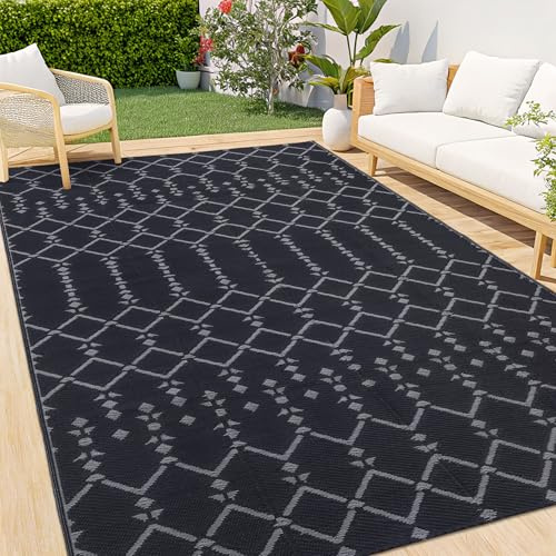Homaxy Outdoor Teppich Wetterfest 150x240cm, Beidseitig Nutzbar, Wasserdicht Boho Teppiche für Terrasse, Garten, Balkon, Camping, Picknick, Schwarz & Grau