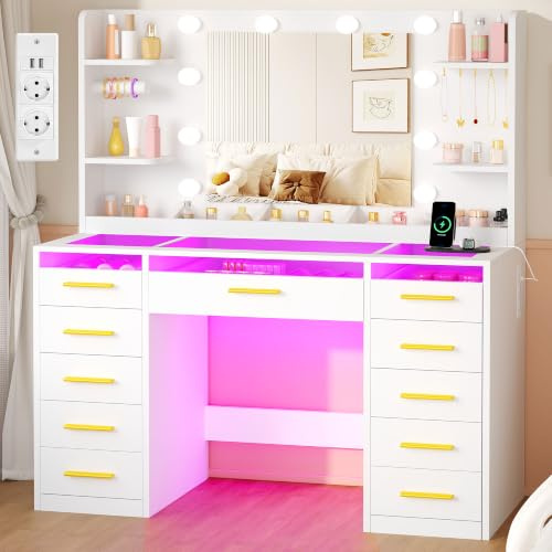 ANWBROAD Coiffeuse avec Miroir LED et Éclairage RGB, 11 RGB tiroirs | Grande Coiffeuse avec Plateau en Verre, 9 Étagères, Table de Maquillage avec Prise, Coiffeuse Moderne Chambre Blanc BDT33W