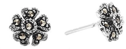 Silverly Pendientes de botón de flor de marcasita de plata de ley para mujer | Pequeños pendientes de flores brillantes en plata 925 | Joyería gótica romántica estilo vintage Art Nouveau años 20