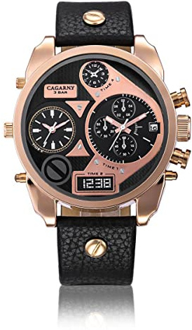 FENKOO Männer DREI Zeitzonen Militäruhr japanische Quarzanalog& Digitallederband