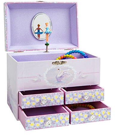 Jewelkeeper - Musikalisches Großes Schmuckkästchen Mädchen mit 4 ausziehbaren Schubladen, Sterne und Schwäne Ballerina Design - Spieluhr mit Schwanensee Lied, Ideales Ballerina Geschenke für Mädchen