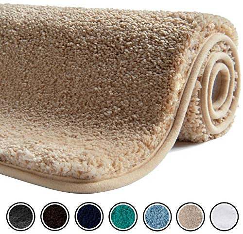 SFLXO 80cm x 50cm Non Slip Bath Mat Machine Washable Durable Soft Fluffy Microfiber Bathroom Mat Water Absorbent Bath Rug Creme Beige