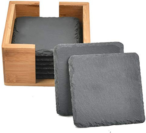 8 Pcs Natural Slate Coasters,Slate Drink Coasters,Bulk Square Slate Stone Cup Coaster Black Coasters Set Natural Stone Drinks Coasters with Wood Holder for Drinks, Cups, Bar, Glass (10x10cm)