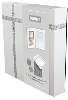 Dooky Gift Set Empreinte de main & cadre photo + boîte à souvenirs pour bébé (cadre photo double dans boîte à souvenirs de luxe, avec pâte à modeler, testé SGS), blanc