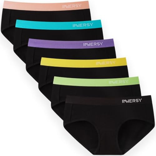 INNERSY Culotte Femme Coton Stretch Slip Sport Noir Taille Basse Shorty Fille 14 12 Ans Lot de 6 (S, Noir Sportif)