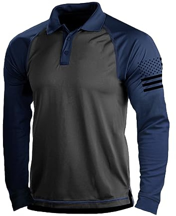 HARGLESMAN Men's Patriotic Polo Sports Long Sleeve T Shirt Tactical Performance US Flag Tops Autumn Fall Casual Tees for Yoga Bowling Golf Tennis Activewear Black and Navy L