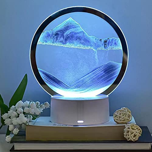 Demiawaking Peinture De Sable Qui Coule Lampe, Art Dynamique, Cadre Mouvant en Verre De Paysage Naturel 3D, Sablier Liquide, Déco Maison Lampe, Travail Décor (Bleu)