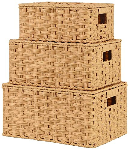 GRANNY SAYS Cestas Almacenaje con Tapa, Paquete de 3 Cestas Organizadoras Rectangulares, Cestos Mimbre Decoración, Cajas de Mimbre Tejida Apilable para Armarios de Cocina Baño Estante, Amarillo