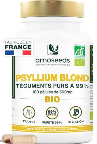 Psyllium Blond BIO, Téguments purs à 99% | 3000mg par jour | 180 gélules de 500mg | Transit, Digestion, Cœur | Qualité Supérieure