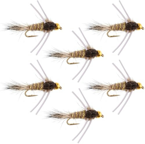 The Fly Fishing Place Wolframperlenkopf Nymphe Fliegenfischen Fliegen – Gummibeine Gold gerippt Hasenohr Forellenfliege – Nymphe Nassfliege – 6 Fliegen Haken Größe 12