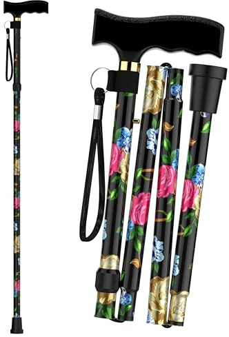 Andvari's Geblümte Gehstöcke für Damen, Herren und ältere Menschen, für jedes Gelände, höhenverstellbar, langlebig, zusammenklappbar, für Damen und Behinderte, rutschfeste Gummiunterseite, weicher