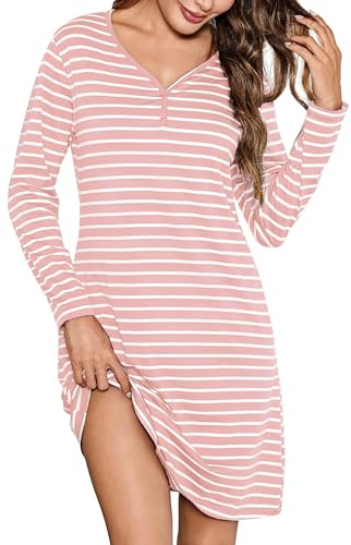 Bresdk Pyjama Femme Chemise Homme Chemise de Nuit Femme Manches Longues | Hiver Rayé en Coton Col V Robe de avec Boutons