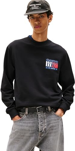 Tommy Jeans Sweat Homme Flag Crew avec Col Ras-du-Cou, Noir (Black), M