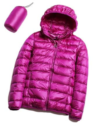 GOBIWM Piumino da donna con cappuccio, ultra leggero, corto, invernale, trapuntato, imbottito, con borsa per il trasporto, Fucsia, M