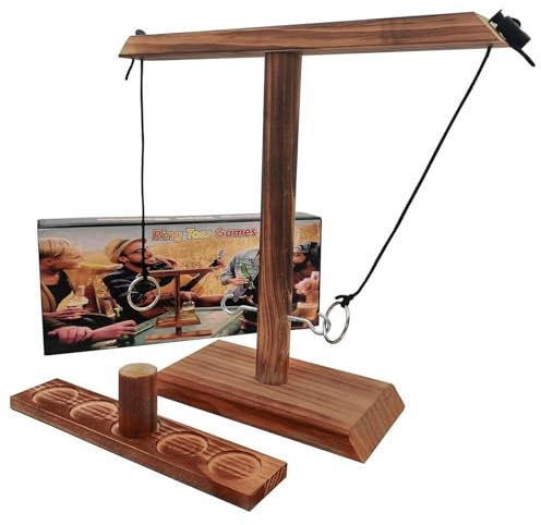 Ring Toss Games Hook and Ring for Adults (Brown, 40cm), Handheld Hook Toss Board Games with Shot Ladder, Outdoor Indoor Handmade Wooden Fast-paced Interactive Games for Bars Home Party