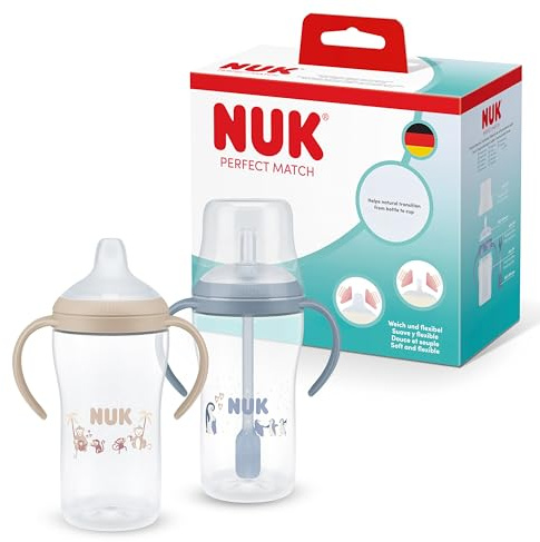 NUK Perfect Match Vaso Aprendizaje Bebe | 6+ meses | 260 ml | Vaso antiderrame bebe con pajita | Asas antideslizantes | Azul | 2 unidades