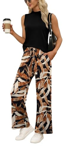 WIHOLL Two Piece Lounge Wear Sets for Women UK Summer Outfits Travel Airport Beach Vacation Mock Neck Sleeveless Tops Wide Leg Pants