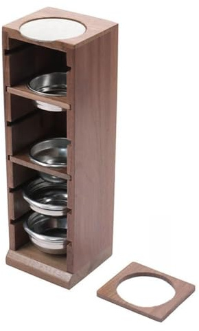Opatiny Soporte de cesta de filtro de café espresso para 51/53/58 mm, estante de almacenamiento de filtro de café de madera con 6 ranuras, compatible con cestas de filtro de precisión, diseño de
