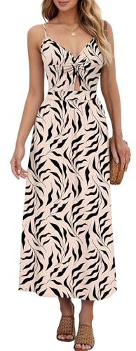 AUSELILY Summer Dress V Neck Maxi Dresses Spaghetti Strap Twist-Front Keyhole Cutout A-line Wrap Dress with Pockets Apricot Leaves New S