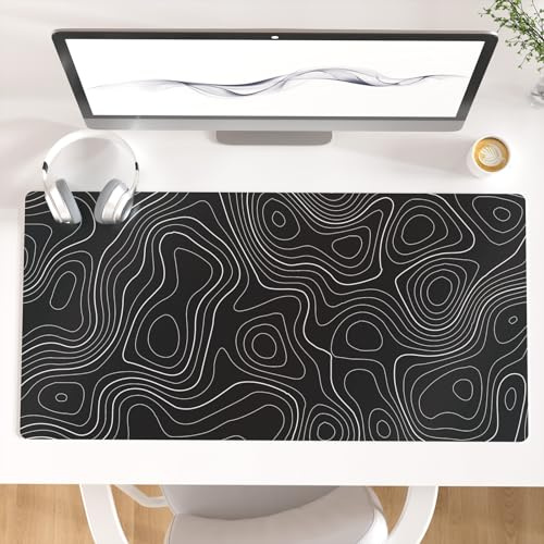 Colorful Star Large Mouse Pad, Black Topographic Desk Mat Office Supplies, Waterproof Faux Leather Big Gaming Mousepad, Black Topography Map Desk Pad Home Office Décor Accessories 31.5 x 15.7